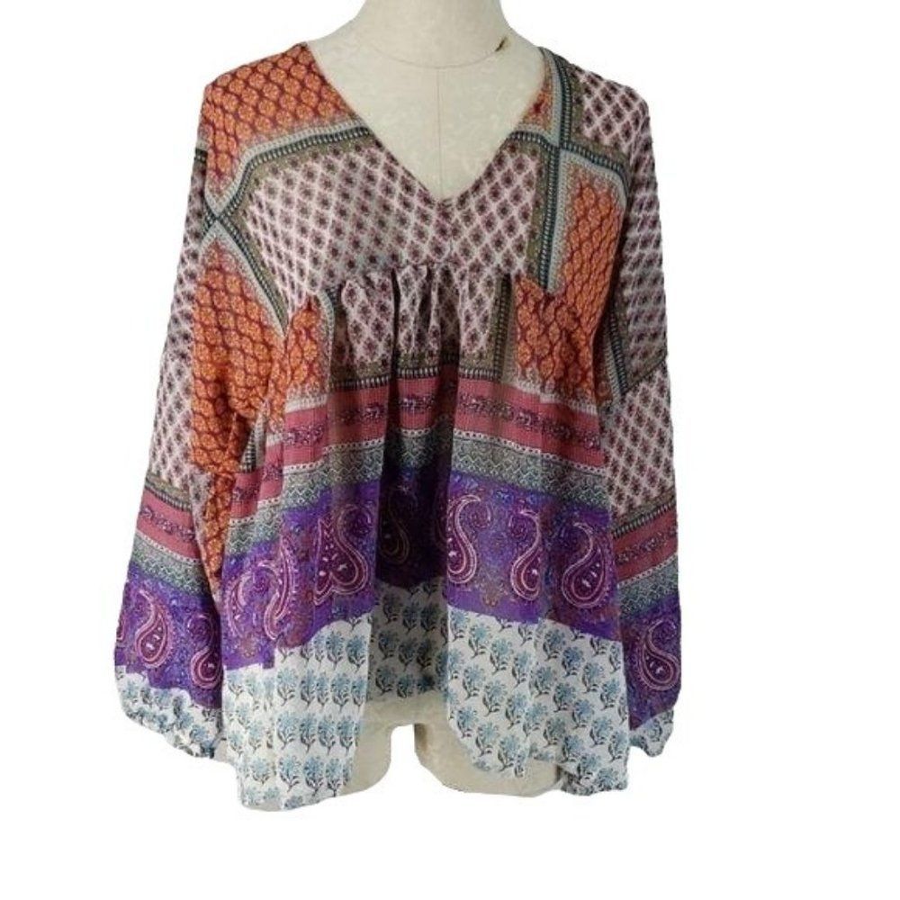Truth Woman's Multi Print Boho Gypsy Peplum Keyhole Blouse Size Large